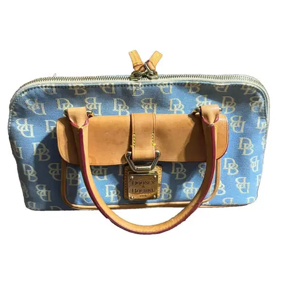 Dooney & Bourke Blue Canvas Leather DB Monogram Domed Satchel Handbag - Picture 3 of 15